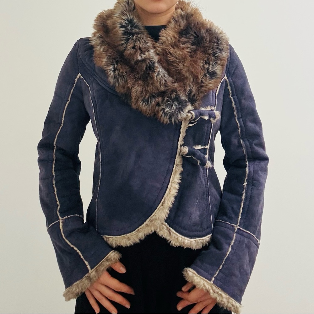 NWT Miss Sixty Purple Sherpa Faux Suede and Fur Collar Coat Size M